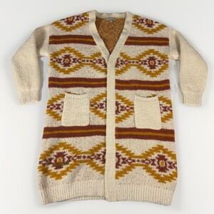 Simply Southern Long Cardigan Sweater Womens Small‎ Cream Southwestern Geometric